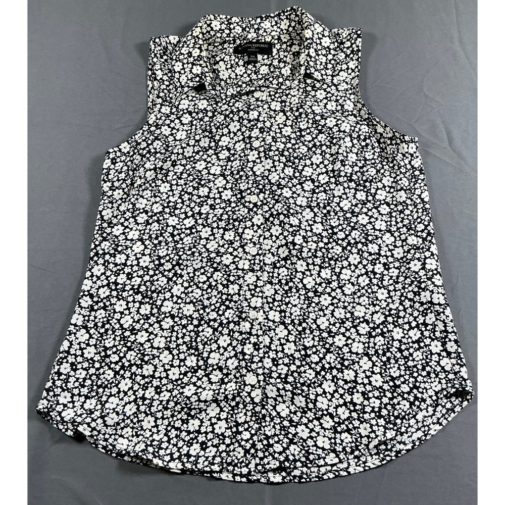 Banana Republic Women XS Black White Floral Sleeveless Button Front Blouse Top